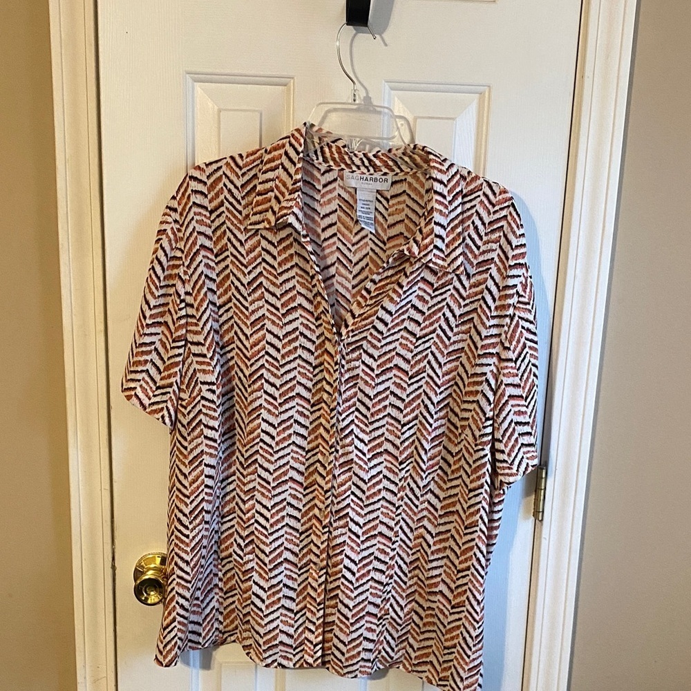 Sag Harbor Chevron Patterned Button Up Shirt Career Everyday Wear